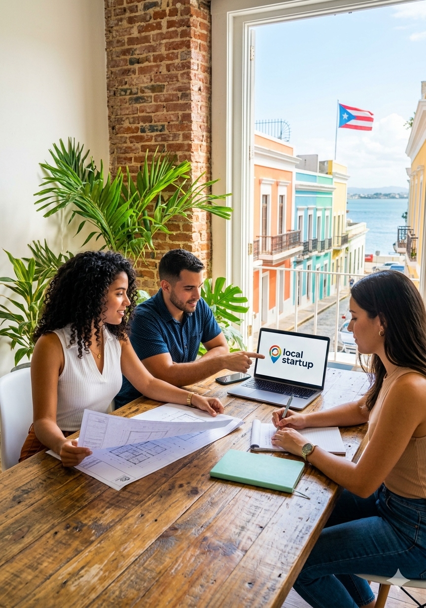Joven profesional puertorriqueño programando en su laptop en un estudio en Mayagüez, al atardecer.
